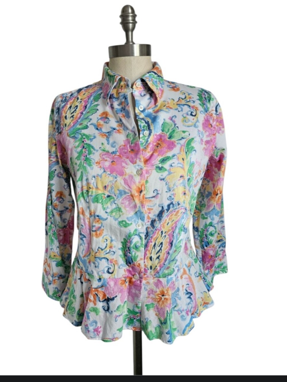 LAUREN RALPH LAUREN Watercolor Floral Paisley Ruffle Hem Blouse | SZ 8
